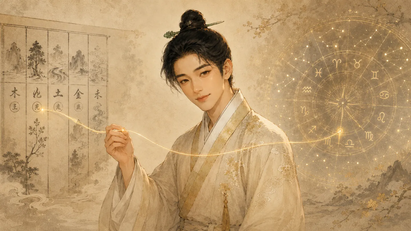 사주와 별자리를 금실로 잇는 도령 — 천명재 교차