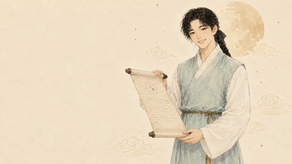 두루마리를 펼쳐 사주를 봐주는 도령 — 천명재